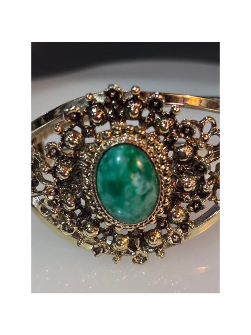 Gold Tone Filigree Cuff Bracelet Green Cabochon Statement Hinged Vintage